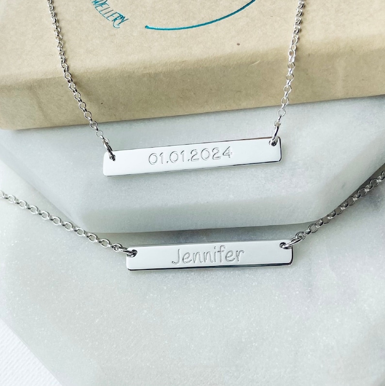 Sterling silver horizontal bar necklace with personalised engraving