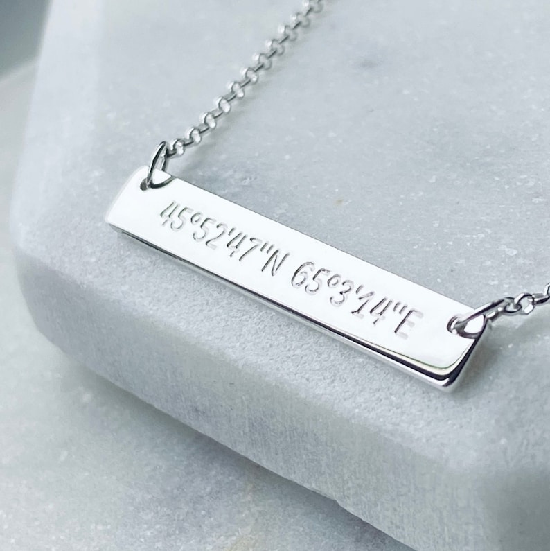 Sterling silver horizontal bar necklace with personalised coordinates engraving