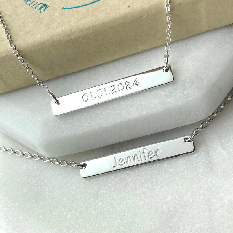 Sterling silver horizontal bar necklace with personalised engraving