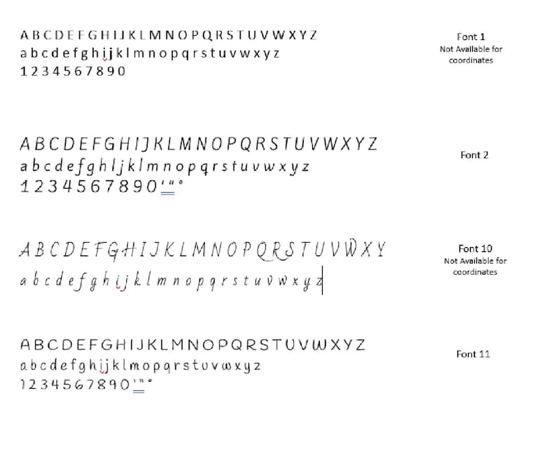 Puede incluir: Un fondo blanco muestra cuatro estilos de fuente diferentes. Cada fuente muestra el alfabeto, letras min&uacute;sculas y n&uacute;meros. El texto "Font 1" y "Font 10" va acompa&ntilde;ado del texto "Not Available for coordinates".