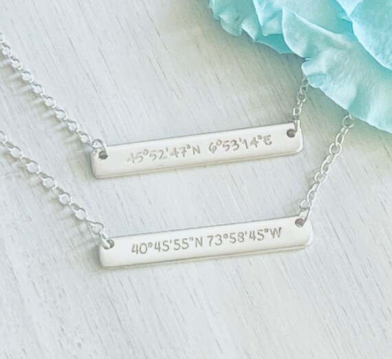 Custom Coordinates Horizontal Sterling Silver Bar Necklace