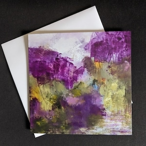 Biglietto d'auguri vuoto, vuoto per il tuo messaggio personale Biglietto d'auguri "Momento di quiete" n. 1 dipinto di paesaggio lago fiume alberi salici viola