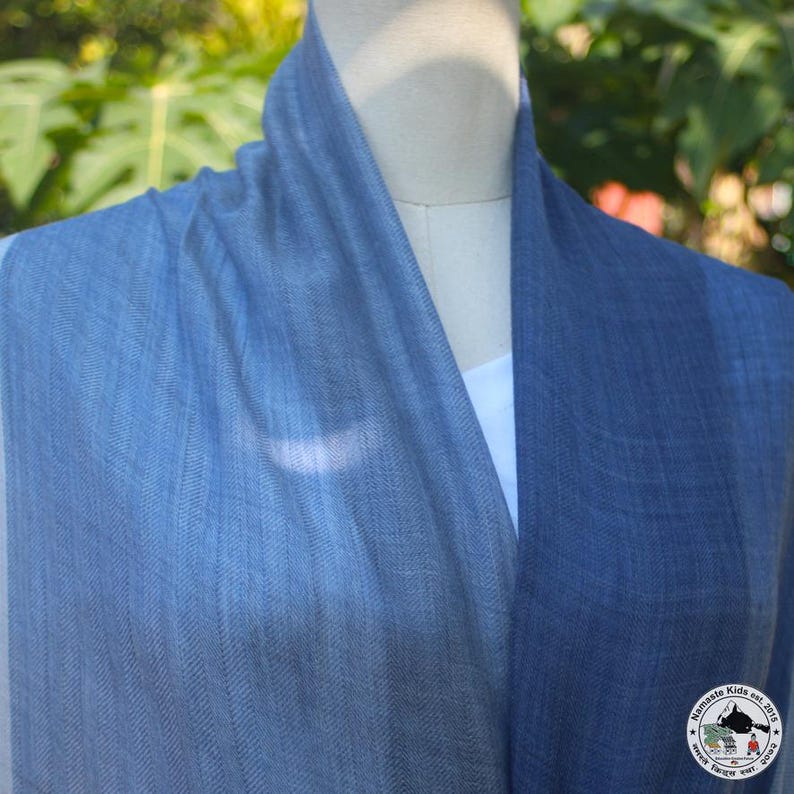 May include: A two-tone blue scarf draped over a mannequin. The scarf transitions from a lighter shade of blue to a darker, richer blue. The fabric appears to be lightweight and has a subtle woven texture. The scarf is displayed against a blurred green background.