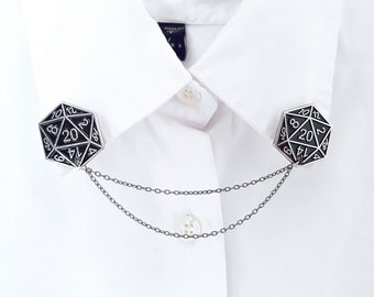 D20 collar pin with chain Dungeon and Dragons game accessories RPG lover gift idea badge for gamer D&D tabletop games gaming jewelry for him