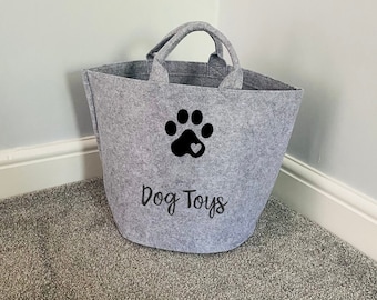 Opbergmand hond kat huisdier met zwarte pootafdruk - grijs vilt met handgrepen - tas - decoratiedoos cadeaus woonaccessoires