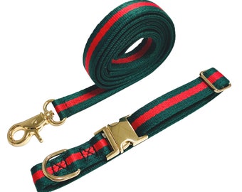 Racing Green Striped Dog Walking Collar - Fabric - Gold Hardware - Stripy Pretty - Matching Lead also available