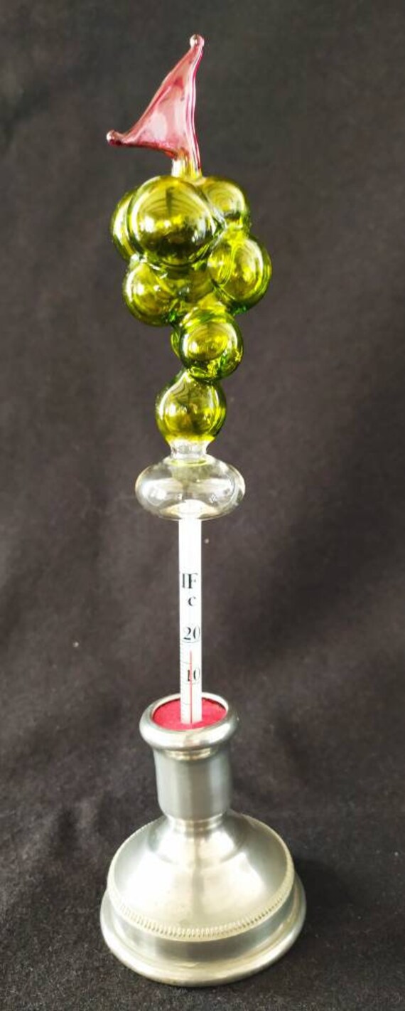 French Wine Thermometer Glass With Green Grape Detail in Silver Metal Holder