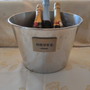 Large vintage Deutz asymmetric champagne ice bucket cooker silver metal 3D labels with gold design