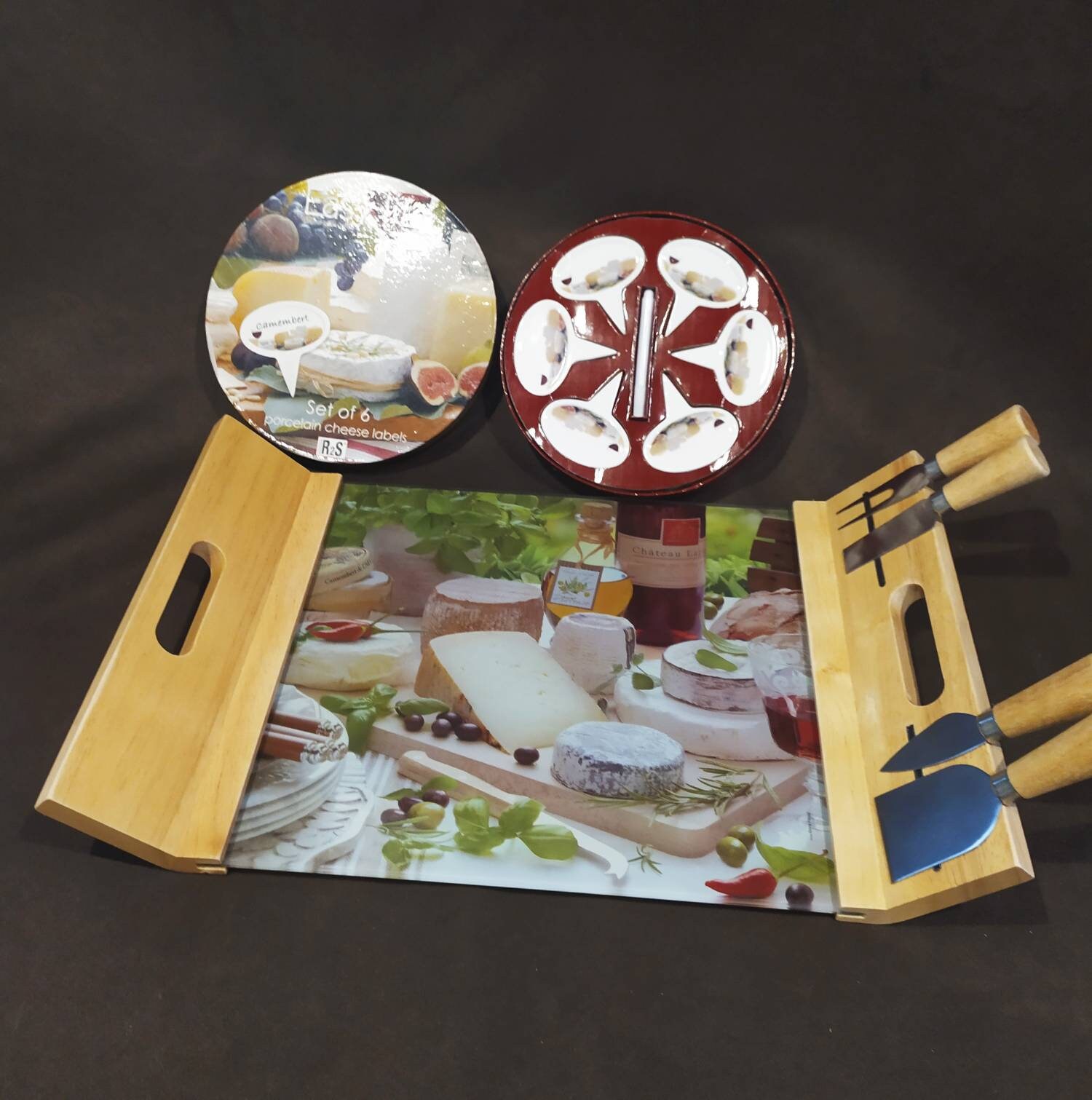 Grand Plateau de Fromage Italien Vintage en Verre Poignées Magnétiques 4 Couteaux à Ustensiles Boîte