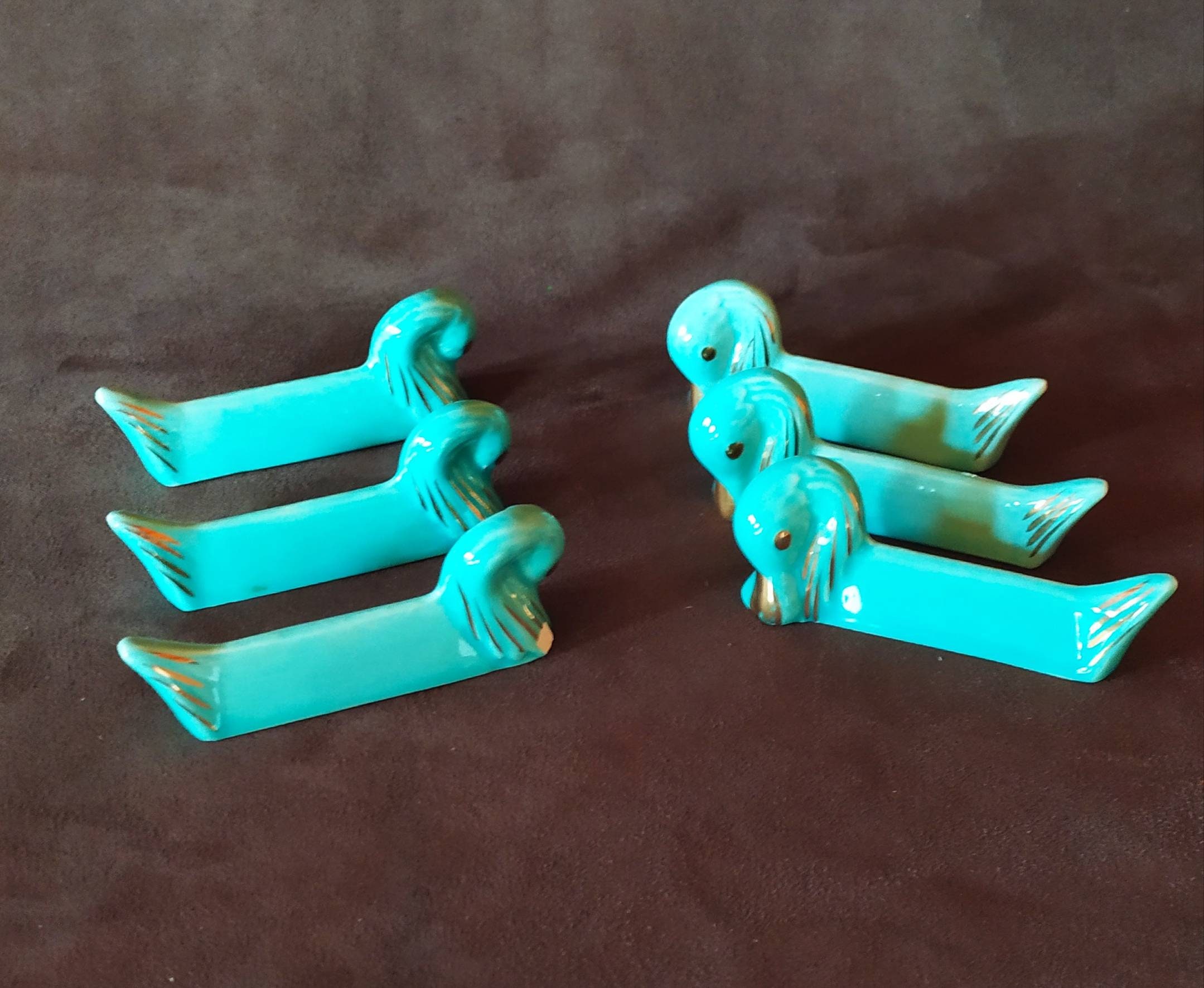 Ensemble Vintage 6 Français Duck Swan Repose Céramique Bleu Turquoise et Or Becs Pieds Décoration de