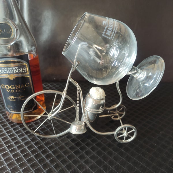 Vintage French tricycle penny-farthing cognac Brandy Whiskey alcohol warmer silver metal with Martell balloon glass bareware retro