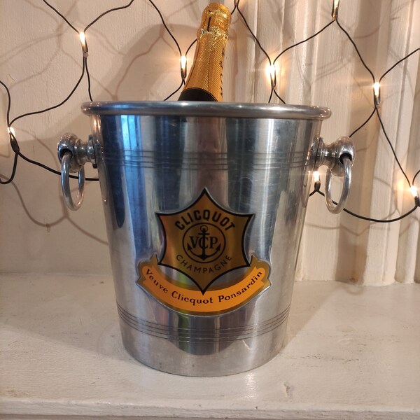 Vintage French metal Veuve Clicquot VCP Champagne ice bucket with handles logo on both sides collectable luxury brand rare desirable