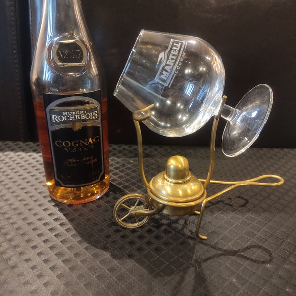 Vintage Italien copper brandy whiskey alcohol warmer moving wheel design with Martell Cognac balloon glass