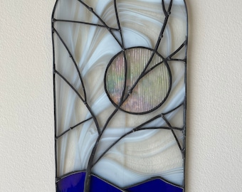 Beautiful handmade Stained glass sun catcher, wall panel “Mountain landscape”