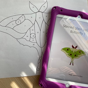 Peut inclure: Un dessin au trait noir et blanc d'un papillon avec des sections numérotées. Une tablette violette avec un écran montrant un motif de papillon en vitrail coloré avec le texte "Stained glass pattern Butterfly 1" et "Magic Sunshine Glass".