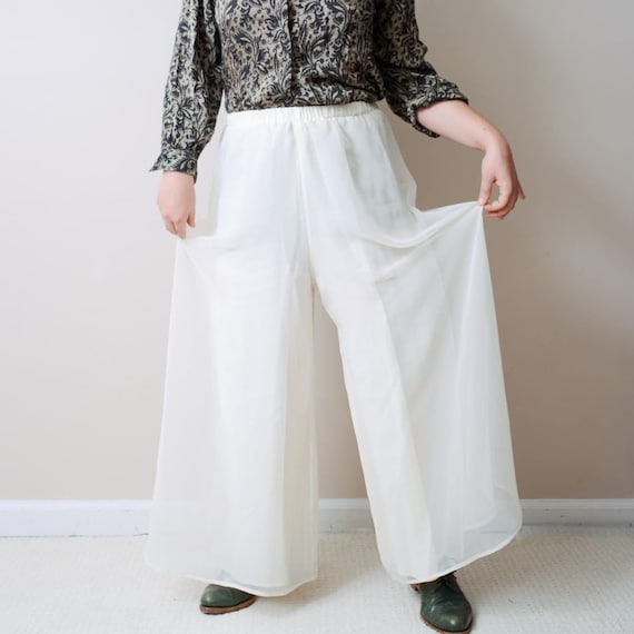 80s Sheer Flowy Cream White High Waisted Pants Wo… - image 1