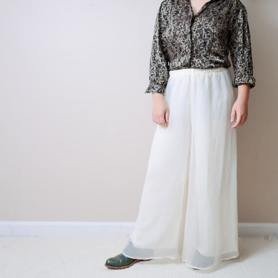 80s Sheer Flowy Cream White High Waisted Pants Wo… - image 2