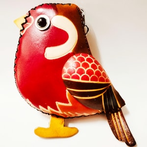 Porta-moedas vermelho com pássaro em couro legítimo, porta-moedas com estampa de animal, bolsa com alça de pulso removível, fecho de zíper, presente especial, mini carteira para crianças