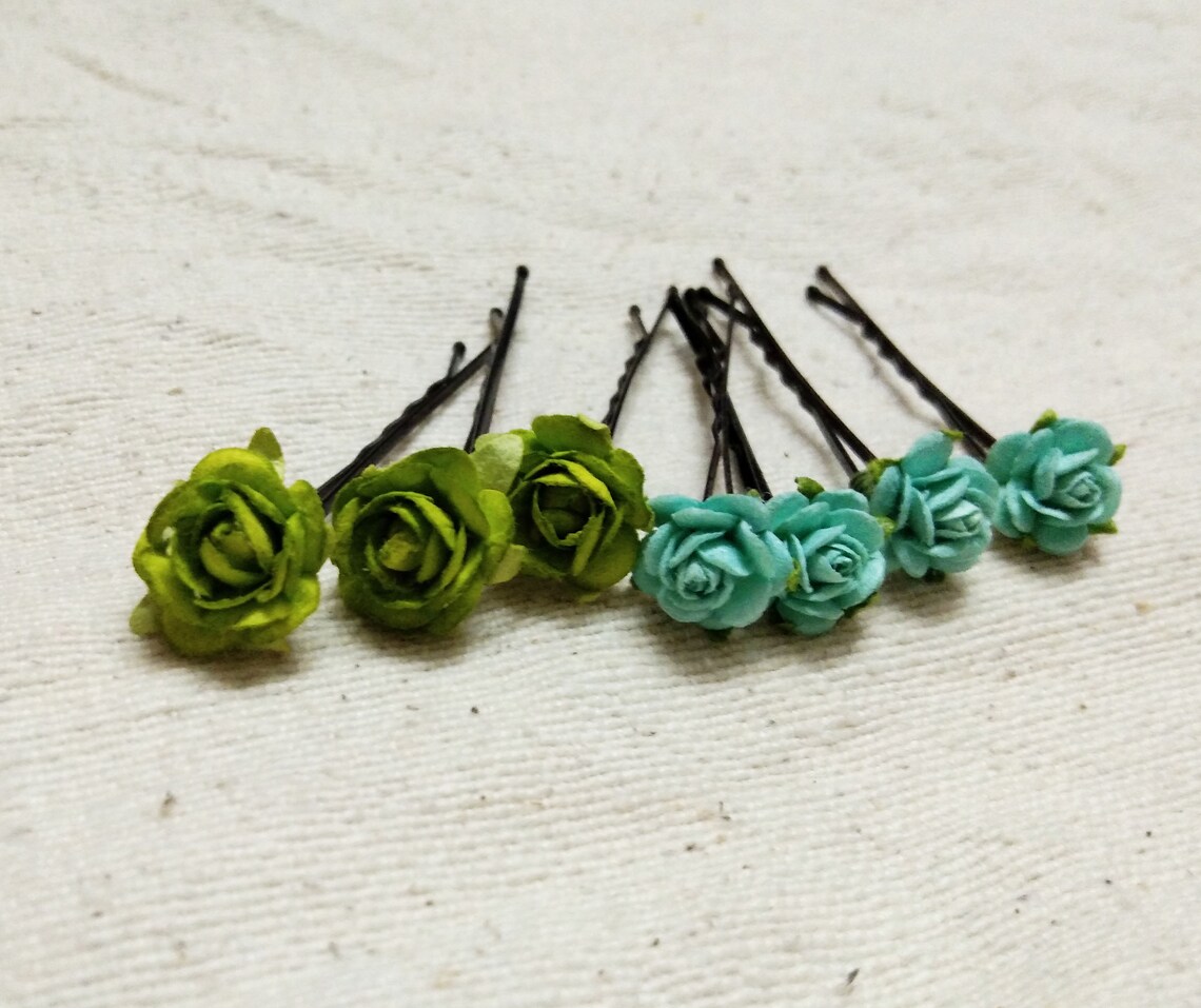 Set 7 Pcs. Tone Green Rose Flower Pins Bridal Hair Pins Etsy UK