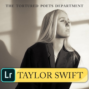 May include: Black and white photo of a woman with long blonde hair wearing a black blazer. The text "THE TORTURED POETS DEPARTMENT" is at the top of the image and "TAYLOR SWIFT" is at the bottom of the image.