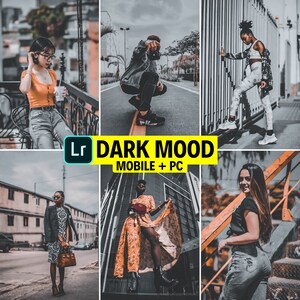 Peut inclure: Un collage de quatre images mettant en scène des personnes dans différents environnements urbains. Les images sont éditées dans un style sombre avec une palette de couleurs grises, noires et jaunes. Le texte "Lr DARK MOOD MOBILE + PC" est superposé au collage.