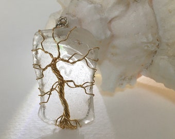 100% OBX Beach Found Clear White Sea Glass Tree Of Life Handmade Necklace Sun Catcher X-Mas Ornament Pendant 1 3/4” x 1”, bottle bottom w/#