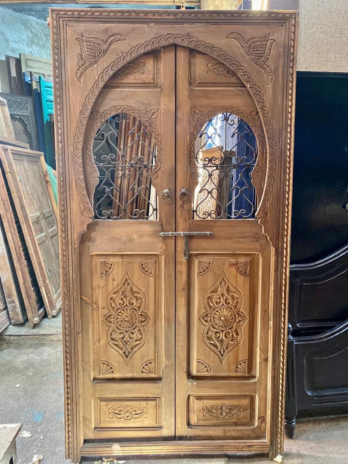 Traditional Moroccan Door Carved Wooden Door With Two Wrought Etsy