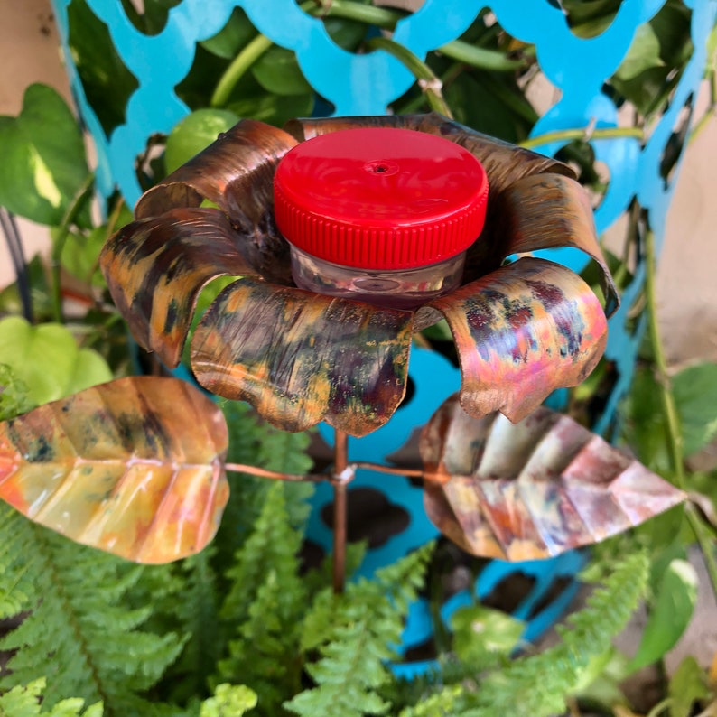 Hummingbird Feeder Copper Flower Pot Plant Stake Etsy