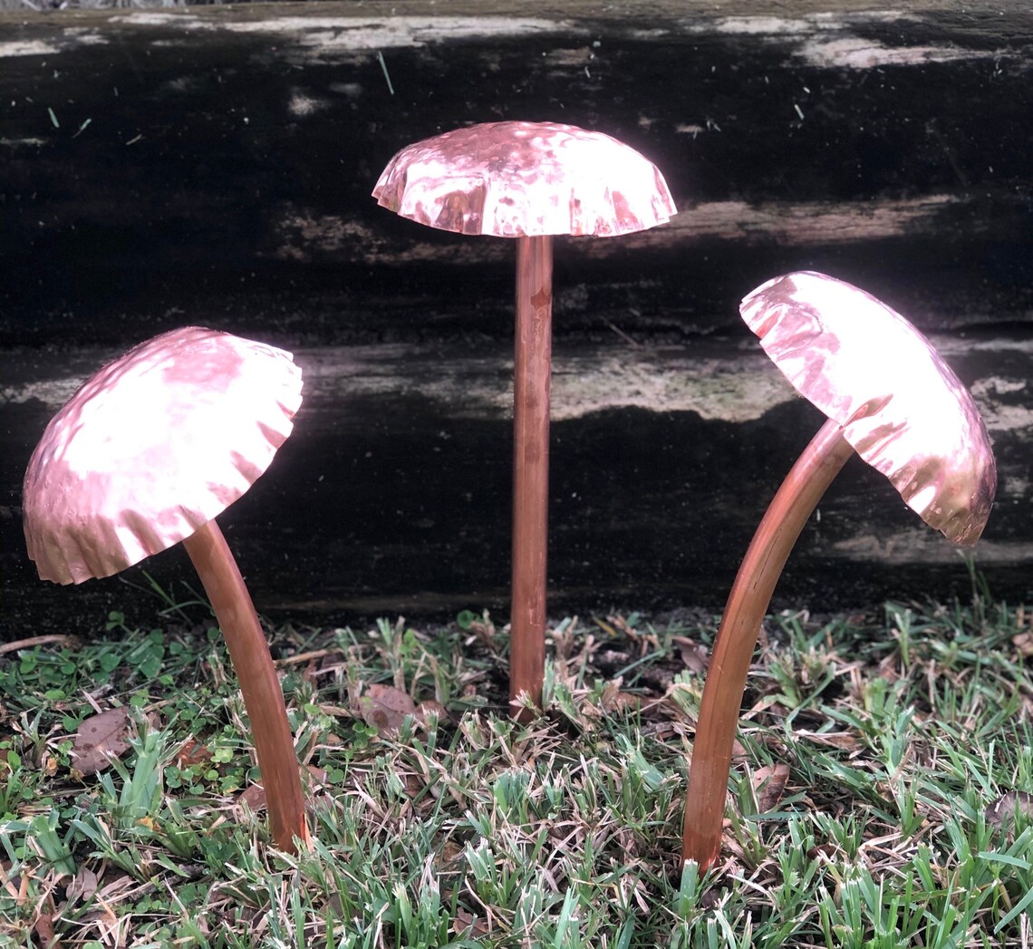 Large Copper Mushrooms Trio Metal Garden Sculpture Art Etsy