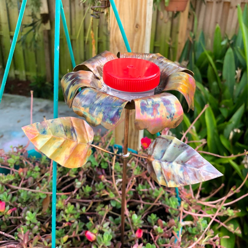 Hummingbird Feeder Copper Flower Pot Plant Stake Etsy