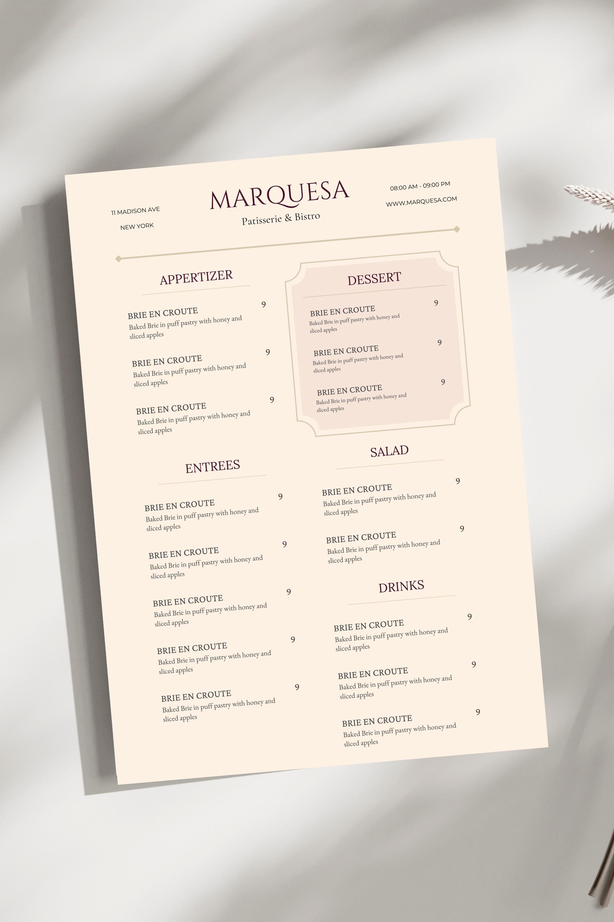 Modern Chic 1 page Menu Template Editable Canva A4 Restaurant Modern Chic 1 page Menu Template Editable Canva A4 Restaurant