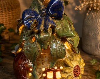 Handmade Ceramic Fairy House Luminary | Whimsical Mushroom Cottage Light House