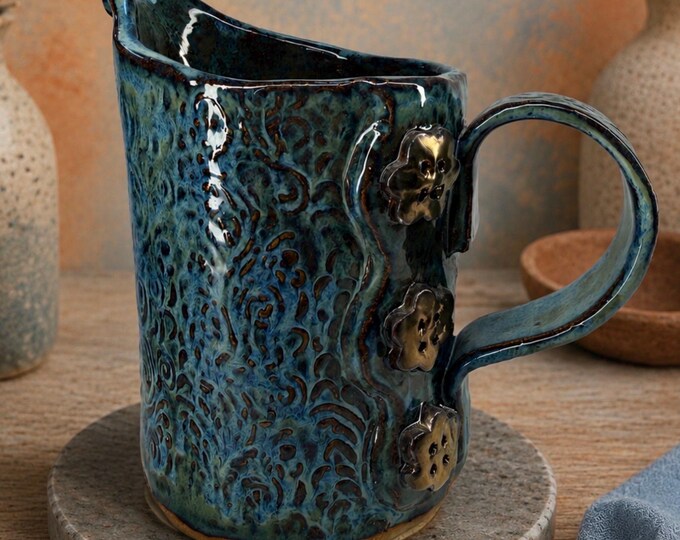 Handmade Iridescent Blue Pottery Pitcher Vase | Wheel Thrown Ceramic ...