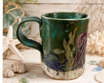 Handbuilt Ceramic Mug – Ocean Texture, Octopus, Sealife Glaze