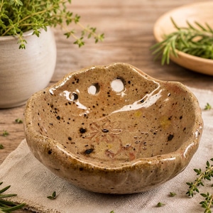 May include: A handmade, speckled ceramic bowl with an organic shape and three circular holes. The bowl is a warm, earthy brown with dark speckles and subtle floral imprints. Fresh herbs and a small white ceramic pot are in the background.