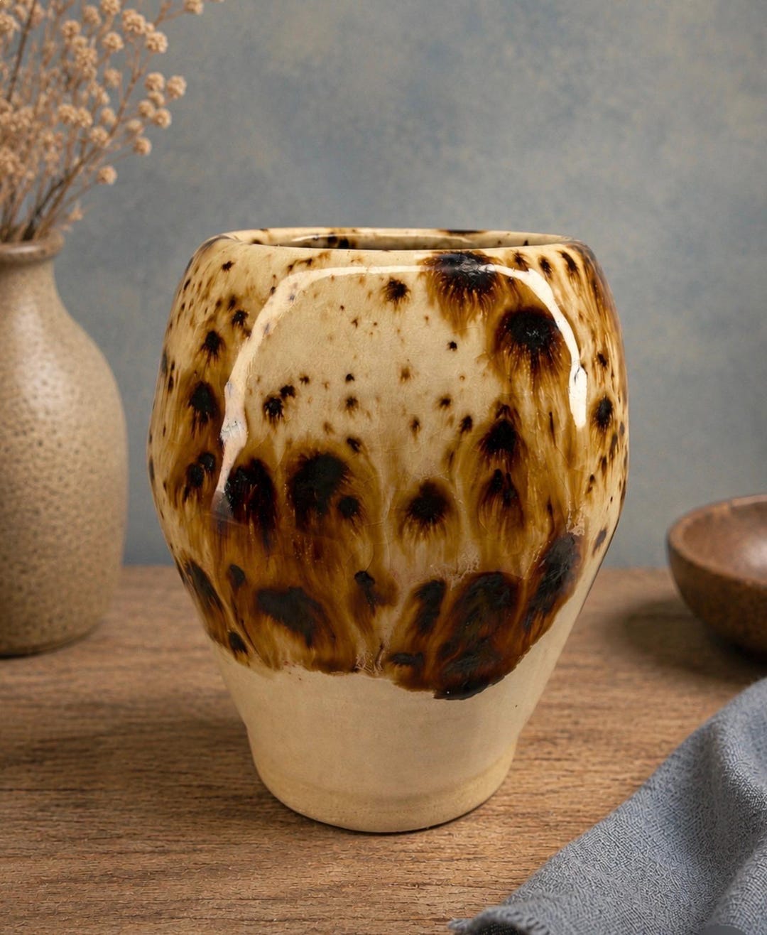 Handmade Wheel Thrown Pottery Vase | Rustic Bronze Ivory Glaze Art ...