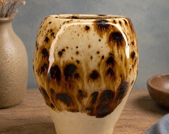 Handmade Wheel Thrown Pottery Vase | Rustic Bronze Ivory Glaze Art Piece