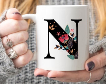 Monogram Gift for Her - Coffee Mug - Letter N - Folk Art Coffee Cup for Christmas Birthday Mother's Day
