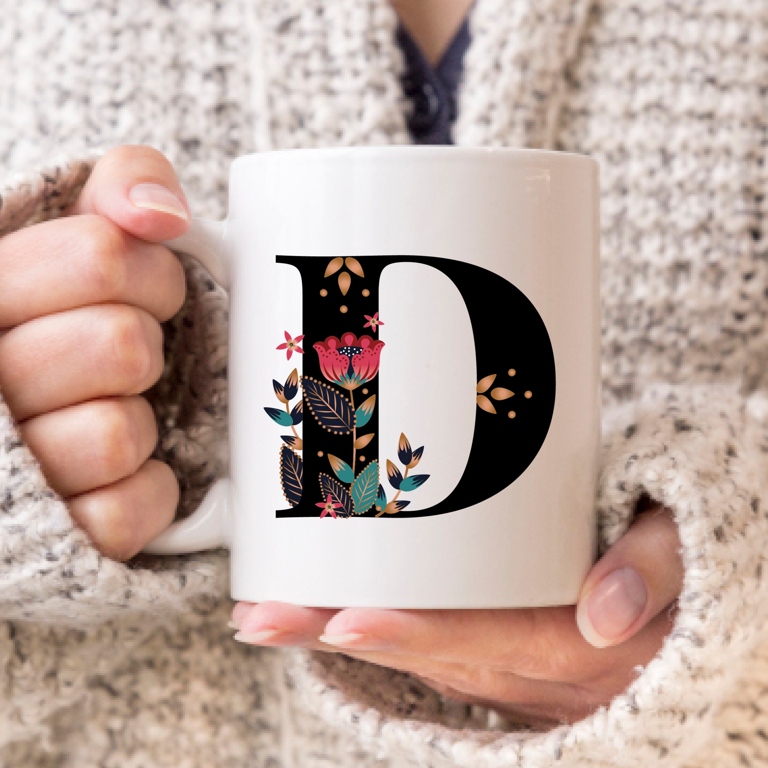 Letter D Initial Coffee Mug Monogram Gift for Her Folk Art Etsy