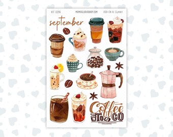 Può includere: Un foglio di adesivi con varie illustrazioni a tema caffè, tra cui tazze, mug, una moka, chicchi di caffè e anice stellato. Il testo riporta September, Coffee To Go, Kit 0296 e mamagloriashop.com. I disegni sono nei toni del marrone, rosa e blu.