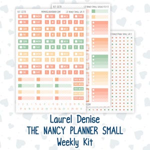 May include: A set of three sticker sheets for the Laurel Denise Nancy Planner Small Weekly Kit. The sheets feature rectangular labels with days of the week, checkboxes, and date numbers in soft peach, green, and yellow pastel color palettes.