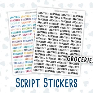 May include: A sheet of colourful script stickers with the word "GROCERIES" repeated multiple times. The stickers are on a white background with a pattern of small grey hearts.