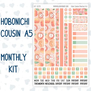 May include: A sticker sheet for a Hobonichi Cousin A5 planner featuring a peach and frog theme. The sheet includes vertical strips, date numbers 1-31, day labels, and text including Aug, Payday, This Month, No School, and Dayoff in peach and green.