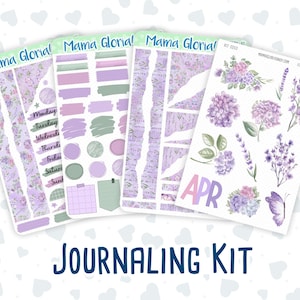 May include: A journaling kit with stickers and decorative elements in purple, lavender, and green. The kit includes floral designs, circles, rectangles, and the word "APR". The text "Mama Gloria!" is visible on the top of the kit. The words "Journaling Kit" are at the bottom.