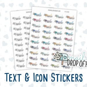 Könnte beinhalten: Zwei Blätter mit bunten "Mail Drop Off"-Stickern. Die Sticker zeigen einen Briefkasten mit Briefumschlägen und dem Text "Mail Drop Off".