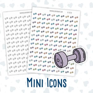 May include: Two sheets of printable planner stickers with a variety of colorful dumbbell icons. The sheet on the right has a single larger dumbbell icon in the corner.