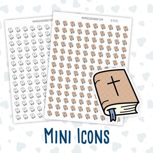 Peut inclure: Deux feuilles de papier autocollant avec un motif répété de petites icônes de bible. Les icônes sont brunes et blanches avec une croix sur la couverture. Le texte "ID 6415" est dans le coin supérieur droit de la feuille.