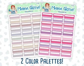 May include: Two sheets of stickers with a colorful design. Each sheet has 12 rows of 6 stickers. The stickers are rectangular with a white space for writing and a row of small circles. The stickers are in two color palettes: one with shades of pink, purple, and red, and the other with shades of beige, brown, and gray. The text "Mama Gloria!" is at the top of each sheet.