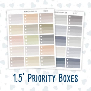 Könnte beinhalten: Zwei Bögen mit 1,5-Zoll-Prioritätsbox-Aufklebern in neutralen Farben. Ein Bogen hat warme Töne, der andere kühle Töne. Jede Box hat einen kleinen Punkt für Aufzählungszeichen. Der Text "MAMAGLORIASHOP.COM" ist sichtbar.