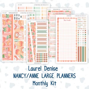 May include: A set of planner sticker sheets featuring peach-themed illustrations, including cartoon characters, calendar headers, habit trackers, and lined note sections. The sheets contain text labels like August, This Month, and various category headers.